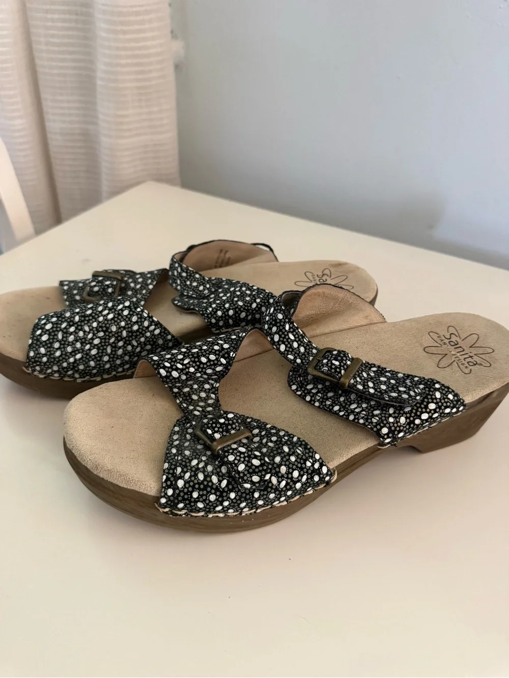 Sanita Black White Speckled Dual-Band Slide Sandals
